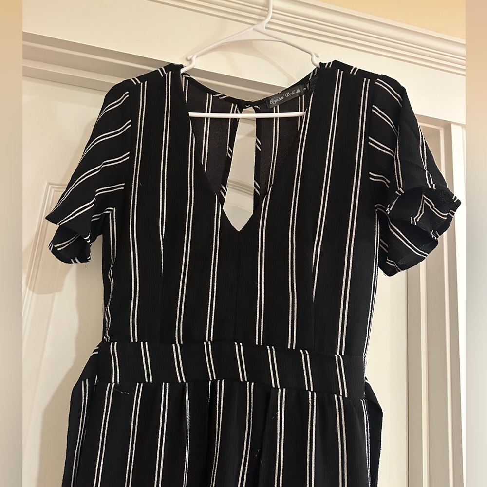 Crystal Doll Elegant Black and White Striped Overlay Hem Romper - Picture 5 of 8